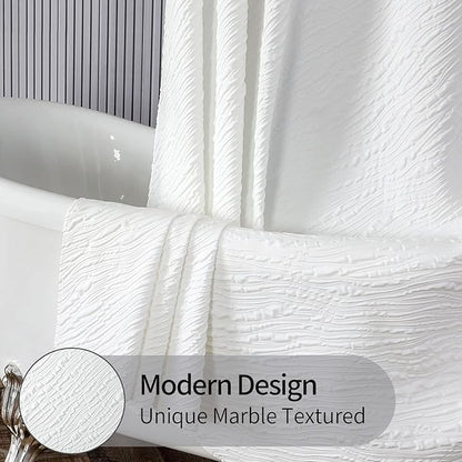 MitoVilla White Modern Fabric Shower Curtain, Farmhouse Waves Cloth Shower Curtains for Neutral Hotel Bathroom Decor, 3D Geometric Embossed Textured, Waterproof & Wrinkle Resistant, 72 x 72
