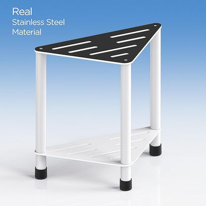Stainless Steel Shower Stool for Inside Shower, 15.4'' H Shower Foot Rest, Corner Shower Stool with Storage Shelf, Shower Step for Shaving Legs, Bathroom Corner Shower Bench, White