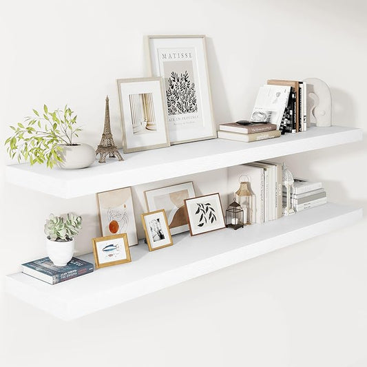 Vivelove 24/36/48/55 Inch Floating Shelves for Wall, 12 Deep Shelves for Room Wall Mounted, 2" Thick Floating Shelf for Living Room Bedroom Bathroom Kitchen Laundry Room, Set of 2 White