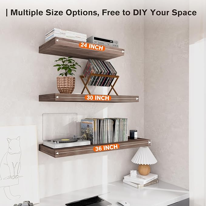Floating Shelf, Set of 3 Wall Shelf, 30 in W x 12.75 in D x 2 in H Wooden Floating Wall Shelf with Invisible Brackets for Living Room/Bedroom/Bathroom/Kitchen Storage and Decor, Walnut