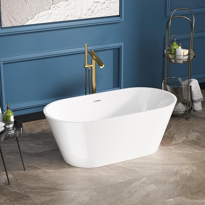 Sarlai 59 Inch Acrylic Freestanding Soaking Bathtub Contemporary Soaking White Tub Stand Alone Ergonomic Bathtub with Gold Drain