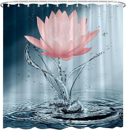 Lotus Shower Curtain Blue Red Flower Elegant Blooming Floral with Dew Spring Flower Reflection on Water Modern Romantic Polyester Fabric Bathroom Decor 70×84 Inch with Hook