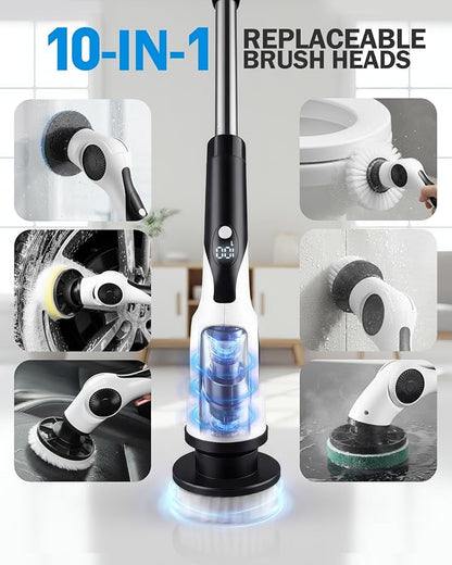 Electric Spin Scrubber, 3-Speed Cordless Shower Scrubber with 90° Adjustable & 10 Replaceable Brush Heads, 90 Mins Runtime & Full-Body IPX7 Waterproof Shower Cleaner Brush with Long Handle