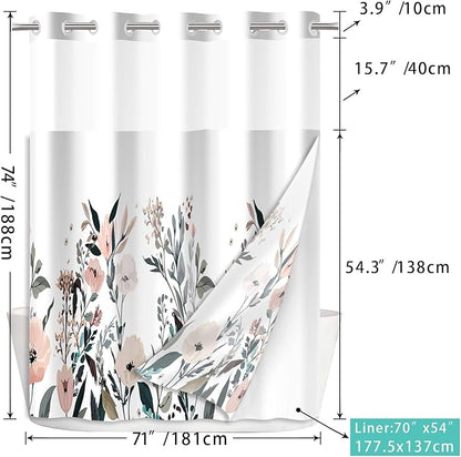 No Hook Shower Curtain Set with Snap in Fabric Liner for Bathroom,with See Through Top Window,Double Shower Curtain with Detachable Liner Replacement,Machine Washable,Chinese Rose,71"x 74"