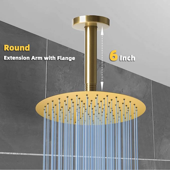 6 Inch Shower Arm with Flange, Ceiling Mounted Shower Head Extension Arm, 1/2 NPT Straight Arm for Rain Shower Head, Stainless Steel Shower Head Extension Replacement Pipe Arm, Brusheed Gold
