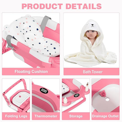 MoreFeel Collapsible Baby Bathtub for Newborn with Thermometer & 1 Hooded Towel & 1 Soft Floating Cushion,Portable Travel Bathtub with Drain Hole, Durable Foldable Baby Tubs for Infants to Toddler