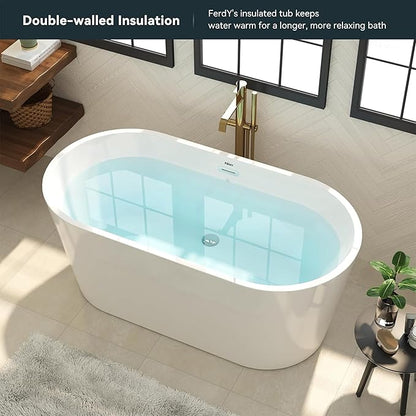 FerdY Shangri-La 55" Acrylic Freestanding Bathtub, Small Classic Oval Shape Acrylic Soaking Bathtub with Brushed Nickel Drain & Minimalist Linear Design Overflow, Modern White, cUPC Certified
