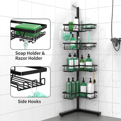 Standing Shower Caddy Corner - 4-Tier Floor Shower Caddy Corner Adjustable Bathroom Organizers and Storage with Soap Holder & Razor, Bathroom Free-Standing Organizer for Large Bottles