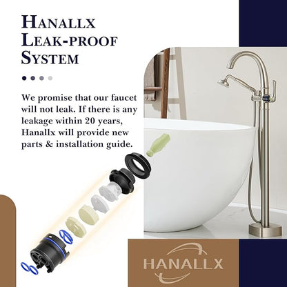 Free Standing Tub Faucet, Hanallx Luxury Brushed Nickel Freestanding Bathtub Faucet with Sprayer, Premium Brass High Flow Rate Floor Mount Tub Filler Swivel Spout, Roman Tub Faucet Set（HM88011-BN）