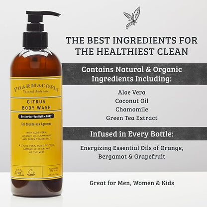 Pharmacopia Citrus Body Wash - Natural Shower Gel, Moisturizing and Nourishing Body Cleanser - Infused with Organic Aloe Vera, Coconut Oil, and Green Tea Extract - Vegan and Cruelty-Free, 16 oz