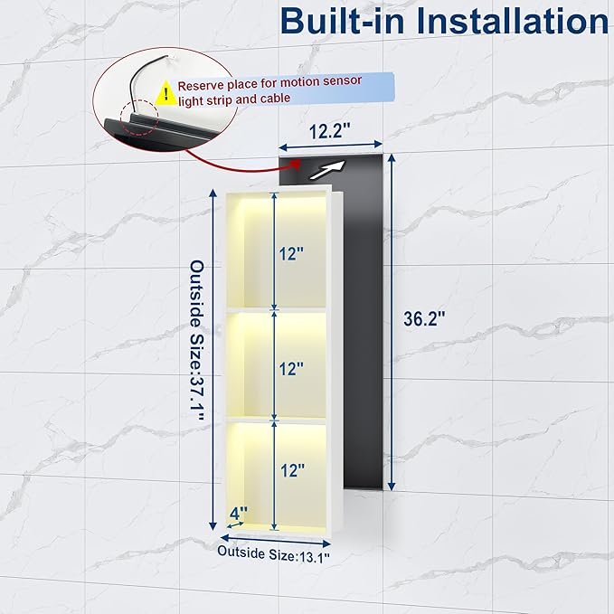 3-Tier 12x36Inch Wall Niche with RGB Lights, White Recessed Stainless Steel Shower Niche with RGB Colorful Remote Control, NO Tile Needed Bathroom Storage Organizer Waterproof