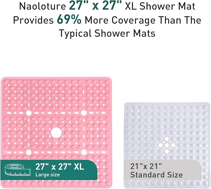 Large Pink Square Shower Mat Non Slip 27 x 27 Inch, Soft Bath Mat Bathtub Mat for Inside Shower Floor, Anti Slip Shower Stall Mats with Big Suction Cups Drain Hole, Easy Washable, BPA-Free