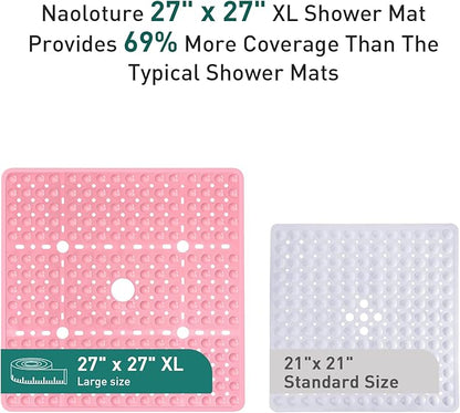 Large Pink Square Shower Mat Non Slip 27 x 27 Inch, Soft Bath Mat Bathtub Mat for Inside Shower Floor, Anti Slip Shower Stall Mats with Big Suction Cups Drain Hole, Easy Washable, BPA-Free