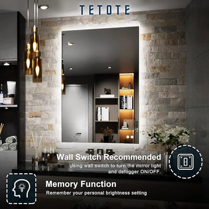 TETOTE 24 x 36 Inch LED Mirror Backlit Bathroom,Anti-Fog Mirror with Light,Dimmable,CRI90+,IP54 Water Proof,Wall Mounted Vanity Lighted,Horizontal/Vertical