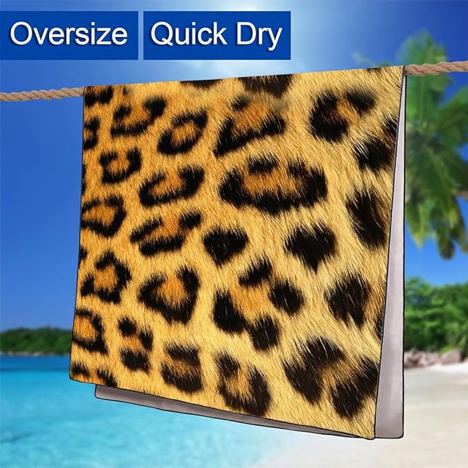 Leopard Print Yellow Black Beach Towel 36"x72" Quick-Dry Sand-Free Lightweight Microfiber