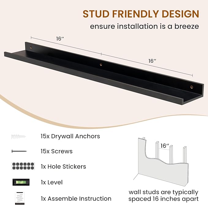 Axeman Picture Ledge Shelf, Floating Shelves for Decor Storage Set of 6, 36 inch Floating Wall Mounted Shelves, Wall Shelves with Lip for Living Room, Bedroom, Nursery, Bathroom, Kitchen, Black