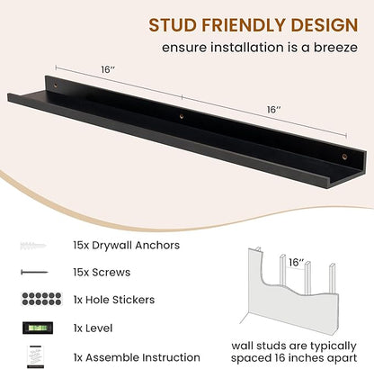 Axeman Picture Ledge Shelf, Floating Shelves for Decor Storage Set of 6, 36 inch Floating Wall Mounted Shelves, Wall Shelves with Lip for Living Room, Bedroom, Nursery, Bathroom, Kitchen, Black