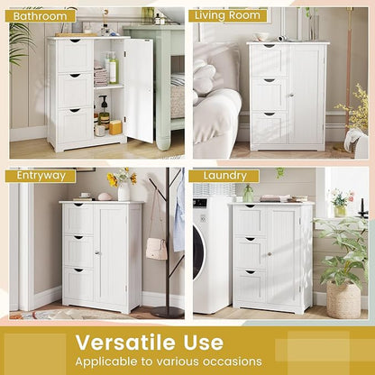 Tangkula Bathroom Floor Cabinet, Freestanding Storage Cabinet with 3 Drawers & Single Door, Adjustable Shelf, Multipurpose Bathroom Storage for Home Office, 23.5 x 12 x 32 Inches (3 Drawers, White)