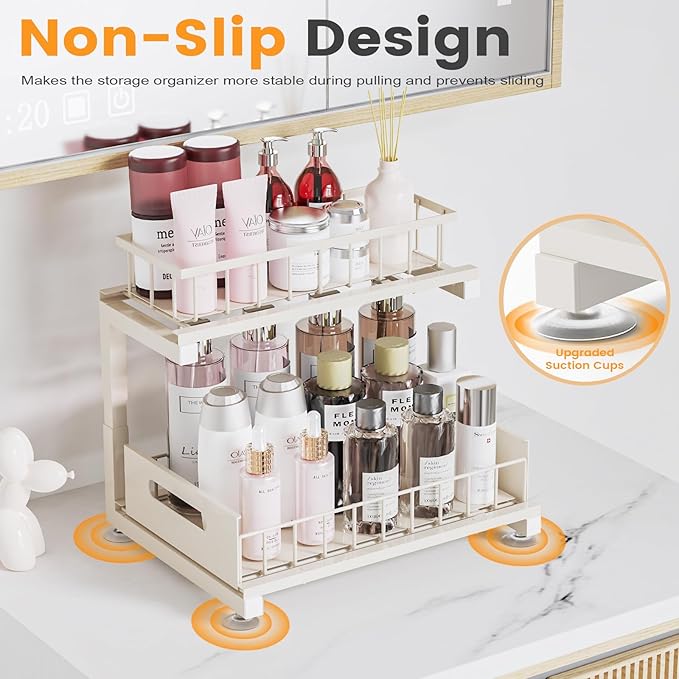 2 Pack Under Sink Organizer, Heavy Duty Metal Slide Out Sink Shelf Organizer Height Adjustable, Multi-Purpose Storage Shelf for Kitchen Bathroom (Sand,2Pack)