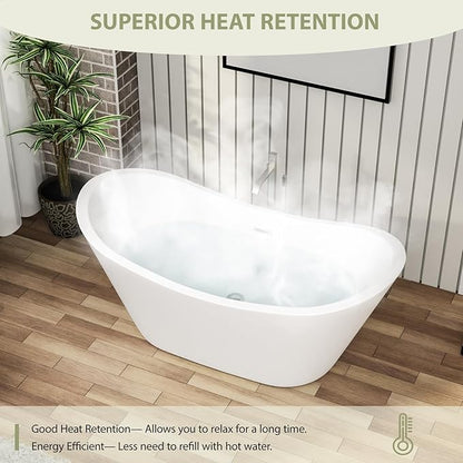59 Inch Acrylic Freestanding Soaking Bathtub - Mocoloo Contemporary Soaking White Tub Stand Alone Bathtub with Overflow and Drain
