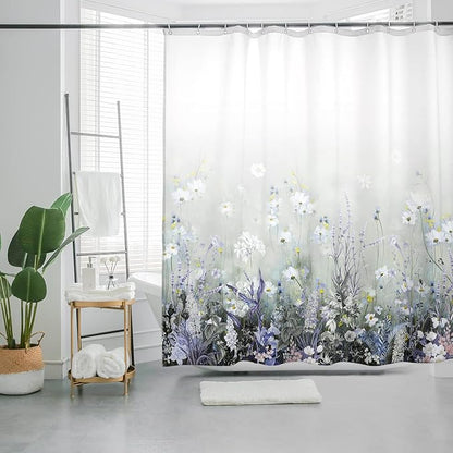 Bohemian Shower Curtain, Boho Floral Print Water Repellent Polyester Fabric for Bathroom Decor, 72×72 Inch Standard Size with 12 Hooks, Also as Room Divider