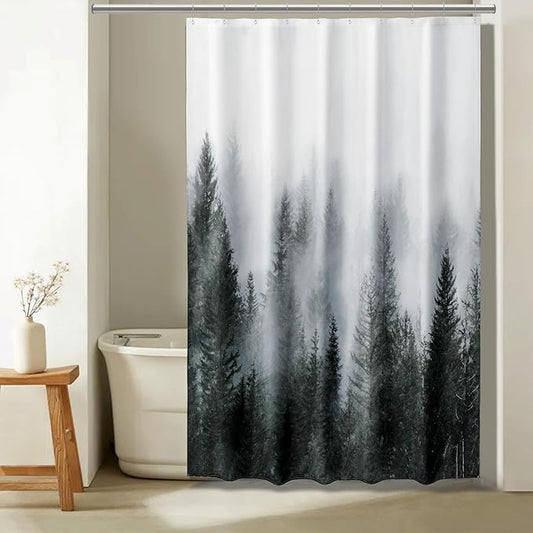 ORTIGIA 60x72 Misty Forest Stall Shower Curtain for Small Bathroom, Dark Green Narrow Nature Woodland Shower Curtain Set with Hooks, Waterproof Fabric Pine Tree Fog Magic Home Bath Curtain