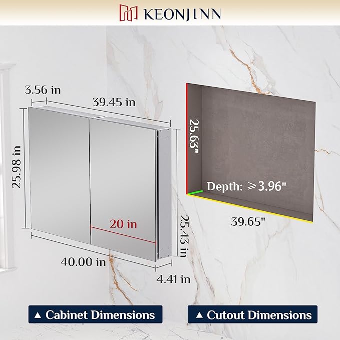Keonjinn 40 x 26 Inch Medicine Cabinet, Assembly Required, Silver Bathroom Medicine Cabinets Mirror, Lightweight, Adjustable Shelves, Surface Mount or Recessed, Tempered Glass
