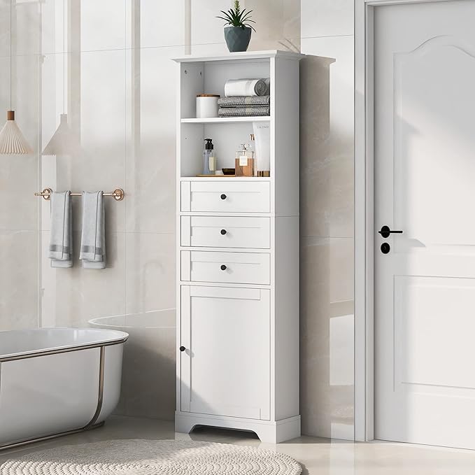Harper & Bright Designs Storage Cabinet, 67.3 Inch Freestanding Tall Floor Bathroom Storage Cabinet with 3 Drawers, One Drawer, and Adjustable Shelves for Bathroom, Office, and Living Room (White)