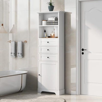 Favfurish 67" Tall Bathroom Storage Cabinet with Door and 3 Drawers,Modern Linen Cabinets w/Adjustable Shelf & 2-Tier Open Shelves,Freestanding Organizer for Bath Room,Study,Office,White