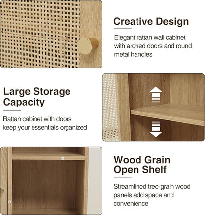 Rattan Bathroom Wall Cabinet with Door, Boho Medicine Wall Cabinets with Adjustable Shelves, Tall Kitchen Wall Mounted Storage Cabinet, Floating Hanging Cabinet Space Saver for Laundry Room, Natural