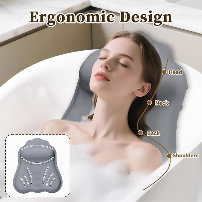 Silicone Bath Pillow for Tub Adults, 4D Air-Cushion Bathtub Pillow for Head Neck and Back Support, Non-Slip Suction Cups, Quick-Drying Waterproof Spa Pillow, Easy to Clean & Store，Gray