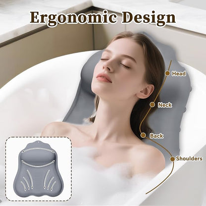 Silicone Bath Pillow for Tub Adults, 4D Air-Cushion Bathtub Pillow for Head Neck and Back Support, Non-Slip Suction Cups, Quick-Drying Waterproof Spa Pillow, Easy to Clean & Store，Gray