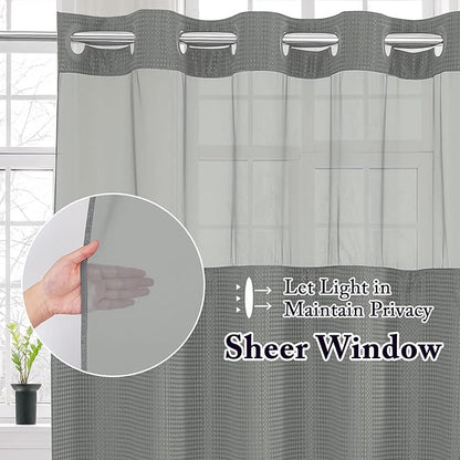 Gibelle Extra Long Shower Curtain 72x86, Waffle Weave Bathroom Shower Curtain with Snap-in Fabric Liner Set, No Hooks Needed, Hotel Style with Mesh Top Window, Grey