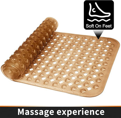 Yimobra Bathtub Mat Non Slip, Super Strong Suction Cups, 34.5"x15.5" Long Shower Mat with Drain Holes, Machine Washable Fast Draining Bath Mats, Bathroom Essentials,Clear Brown