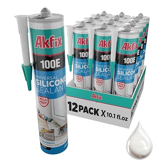 Akfix 100E RTV White Silicone Caulk (12x10.1 fl.oz.) - 100% Waterproof Silicone Sealant for Kitchen and Bathroom, Shower, Toilet, Sink, Window and Door, No Yellowing | White, 12 Pack