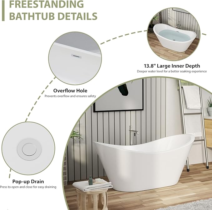 59 Inch Acrylic Freestanding Soaking Bathtub - Mocoloo Contemporary Soaking White Tub Stand Alone Bathtub with Overflow and Drain