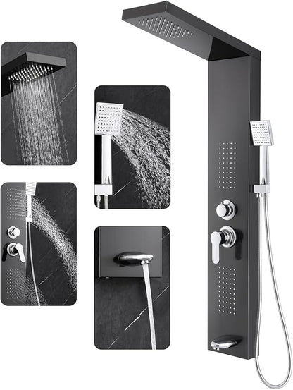 ROVOGO Shower Panel Tower System with Rainfall Shower, Body Jets, Handheld and Tub Spout, High Pressure Shower Column Stainless Steel, 46.5 in. Black
