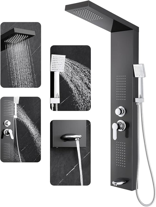 ROVOGO Shower Panel Tower System with Rainfall Shower, Body Jets, Handheld and Tub Spout, High Pressure Shower Column Stainless Steel, 46.5 in. Black
