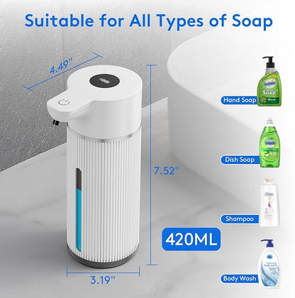 2025 Upgrade Automatic Soap Dispenser Touchless, 14.2oz/420ml Dish Hand Soap Dispenser for Bathroom and Kitchen, 4 Adjustable Volume, USB Rechargeable, Clog-Free, Large Capacity, White