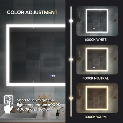 WELLFOR 48 x 32 Inch LED Medicine Cabinet with Lights, 3X Magnification Makeup Mirror, Bathroom Vanity Mirror Cabinet with Storage, Defogging Function, LED Medicine Cabinet Mirror, Three Opening Doors