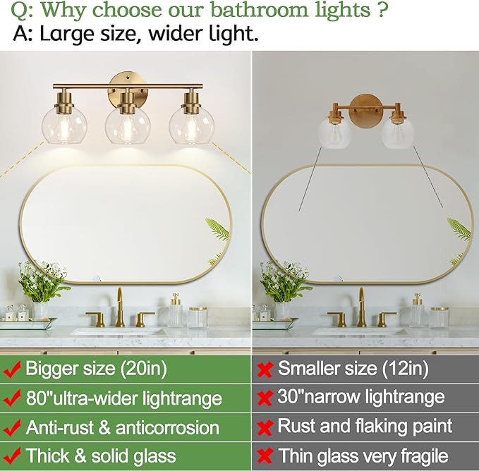 2025 Upgrade 3-Light Bathroom Light Fixtures, Brushed Brass Bathroom Lights Over Mirror with Clear Glass Globe Shade, Vanity Lights for Bathroom Kitchen Living Room Hallway Cabinet Bedroom Porch