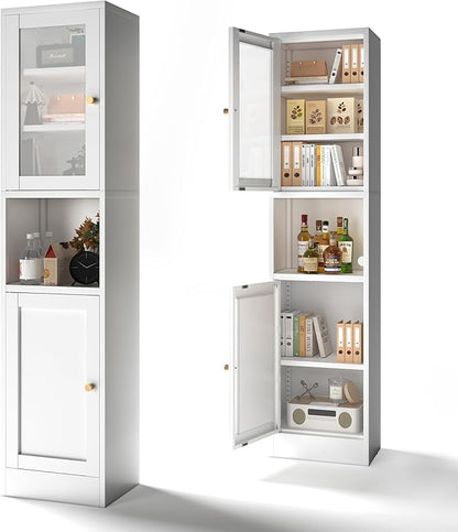 COFaR 67" Tall Metal Bathroom Storage Cabinet,6-Tier Narrow Cabinet with Glass Doors and Adjustable Shelves,Linen Cabinet for Small Spaces,Tall Cabinet for Bathroom,Living Room,White