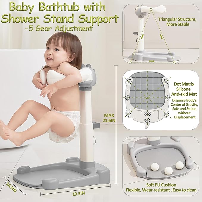 Baby Shower Stand, Baby Standing Bath with Anti-Pinch Adjustable Height and Armrest, Shower Standing Support with Anti-Slip Base and Mat for Infants 6-36 Months -Green