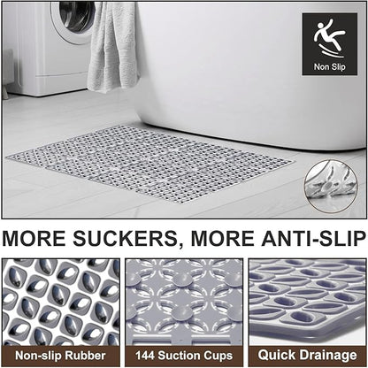 Shower Mat Non Slip，24"X24" Bathtub Mat Non Slip Square Shower Mats for Inside Shower with Drain Holes Suction Cups, Quick Drain, TPE Shower Floor Mat for Elderly & Kids (D-Grey)