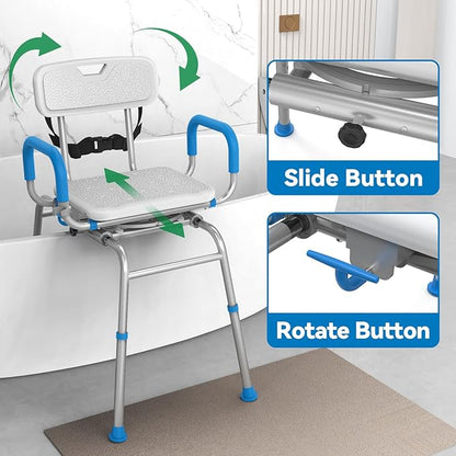 FSA/HSA Eligible Sliding Shower Chair Tub Transfer Bench for Bathtub with Swivel Seat, Shower Bench with Pivoting Arms, Height Adjustable Shower Seat, 350 lbs,White&Blue,Standard