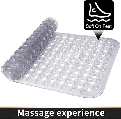 Yimobra Bathtub Mat Non Slip, Super Strong Suction Cups, 27.5"x15.5" Long Shower Mat with Drain Holes, Machine Washable Fast Draining Bath Mats, Bathroom Essentials,Clear Gray