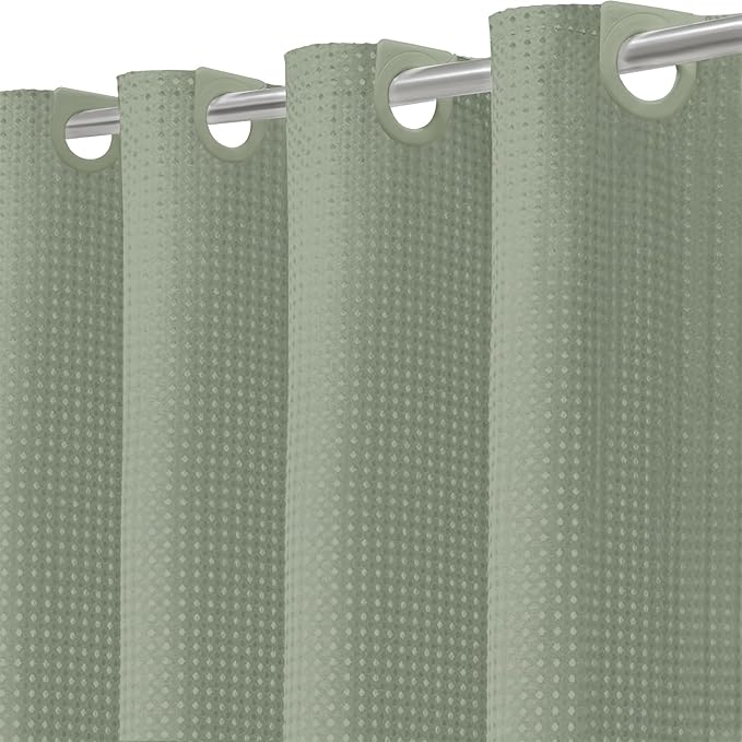 Inhousolu No Hook Waffle Weave Shower Curtain with Removable Snap in Fabric Liner Set for Bathroom, 230 GSM Heavy Duty Weighted Hem, Water Repellent Washable Bath Curtains, 72 x 72 Inch, Sage Green