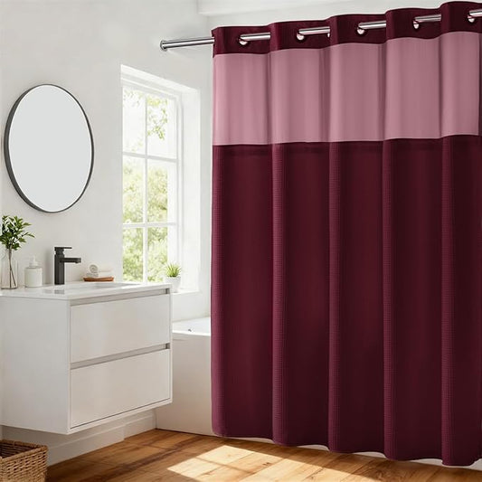 River Dream Heavyweight No Hooks Required Dotted Waffle Weave Shower Curtain with Snap in Liner - 71W x 74H,Hotel Grade,Spa Like Bath Curtain,Red Rio