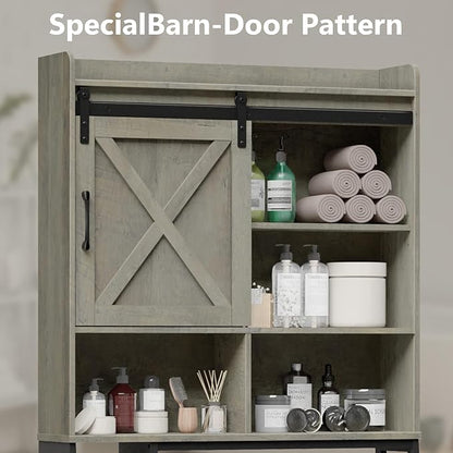 Vabches Over The Toilet Storage Cabinet, Farmhouse Storage Cabinet Over Toilet with Sliding Door & Toilet Paper Holder Stand, Home Space-Saving Toilet Rack for Bathroom, Restroom