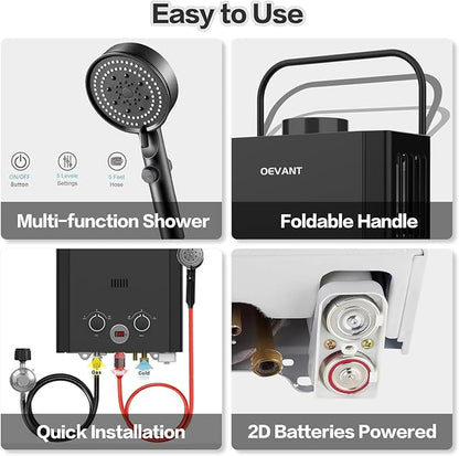 Propane Water Heater, 1.58GPM 6L Portable Tankless Water Heater with Handle & Overheating Protection, Propane Gas, Instant Hot Water for RV Camping, Outdoor Shower (BLACK)